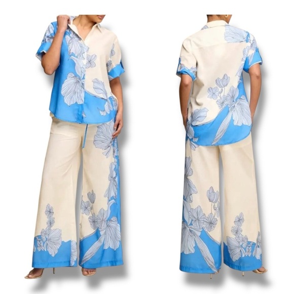 Luxxel Floral Blue and Cream Wide-Leg Shirt and Pant Set. Size M - Picture 1 of 12